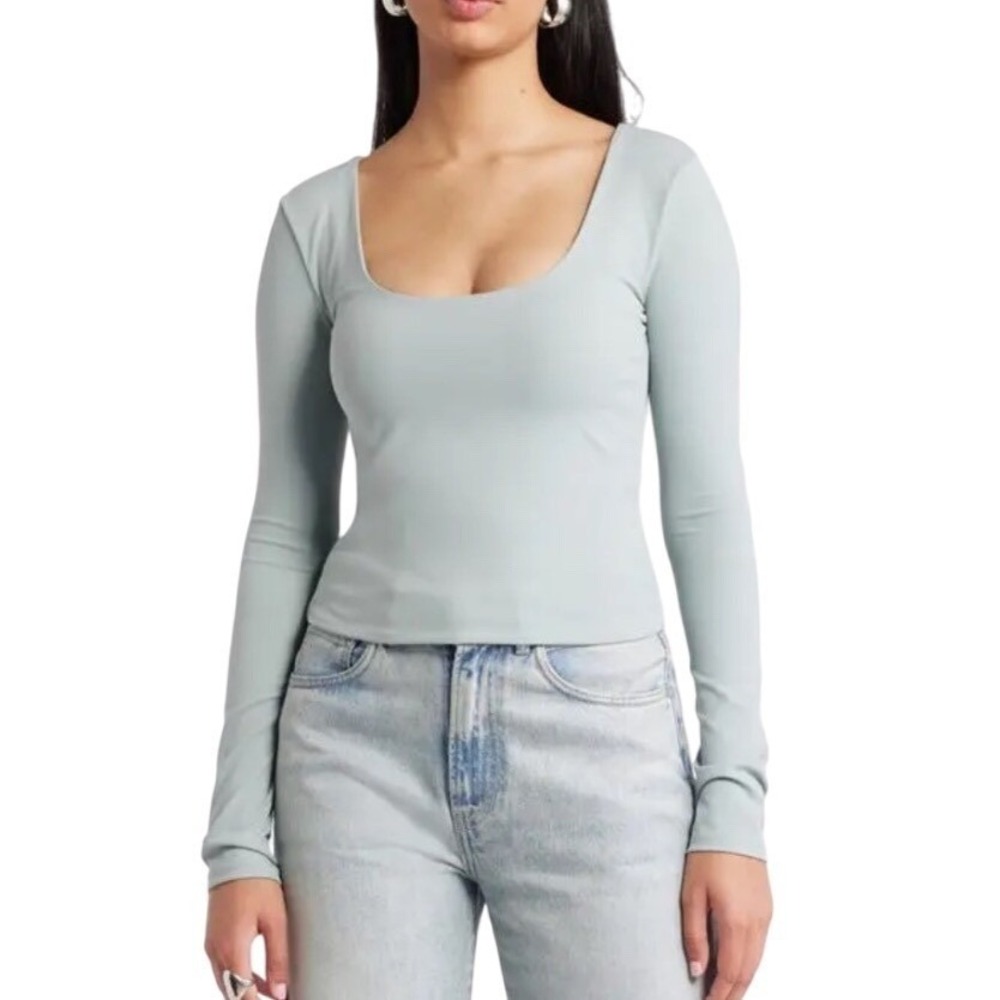 Open Edit Scoop Neck Long Sleeve‎ Top Shirt Teal Pond Fitted Stretchy Size Small